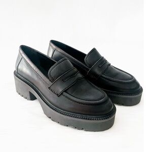 Free People Decker Penny Loafer Black Leather Lug Sole Platform EU 39 US 9